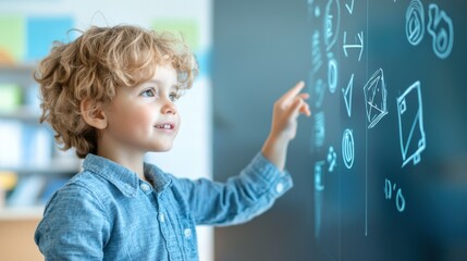 A young boy with curly blond hair interacts with a digital touchscreen board displaying various icons and graphs, showcasing learning and technology in education.
