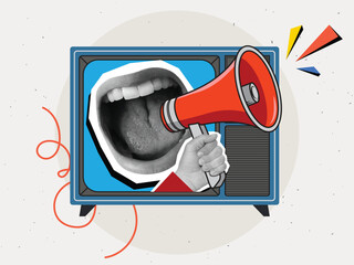 mouth screaming into a red megaphone from a retro TV screen. Intrusive advertising. Vintage electronics.Modern collage style. Vector illustration