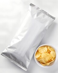 Blank Potato Chips Packaging with Bowl of Crispy Chips on White Background