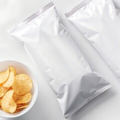 Blank Potato Chips Packaging with Bowl of Crispy Chips on White Background