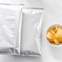 Blank Potato Chips Packaging with Bowl of Crispy Chips on White Background