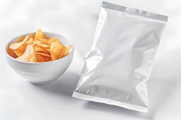 Blank Potato Chips Packaging with Bowl of Crispy Chips on White Background
