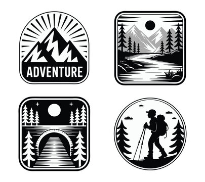 Mountain Vector and Camping Icon Set with River and Bridge on White Background
