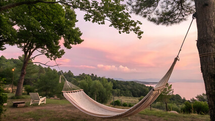 Relaxing hammock tied between trees with scenic sunset and forest view for digital detox