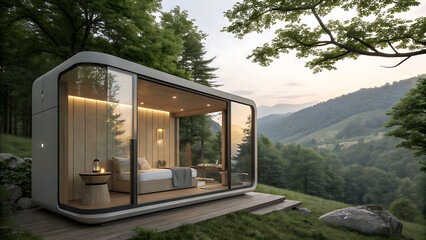 Modern tiny house with glass walls in forested mountain landscape at sunset, peaceful and cozy