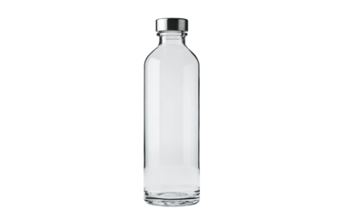 Transparent glass water bottle with sleek silver cap for modern hydration needs isolated on transparent background PNG