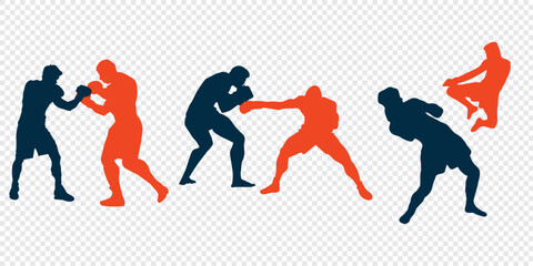 Man doing boxing moves exercise. Jab Cross Hook and Uppercut movement. Shadow boxing. Flat vector illustration isolated on white background.