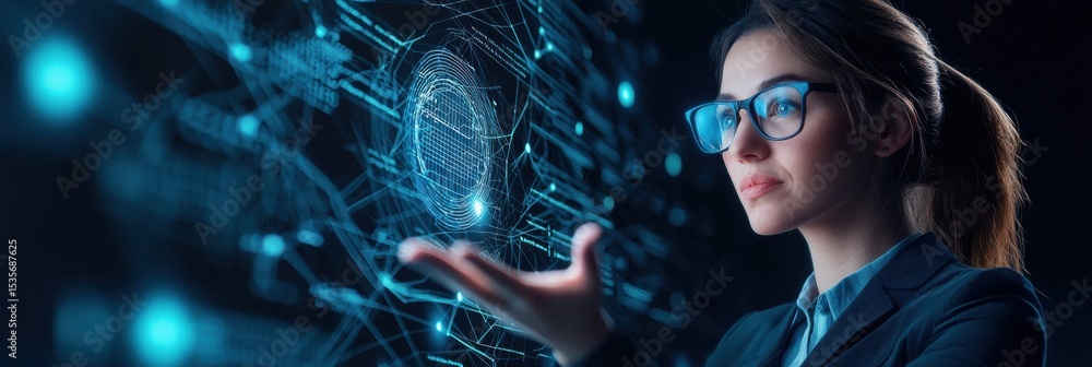 Poster a woman wearing glasses interacts with a futuristic holographic interface displaying digital data an