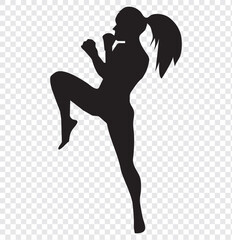 collection of silhouettes of female boxer with different pose, gesture. isolated on white background. vector illustration.