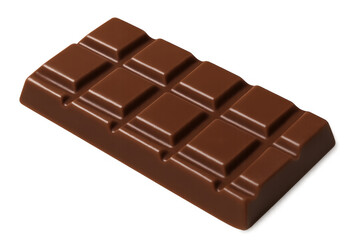Milk chocolate bar with crisp edges, lying flat on clean white backdrop, highlighting smooth texture and golden-brown color