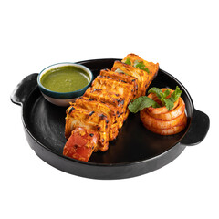 Tandoori Paneer tikka on a black plate on a Transparent PNG Background