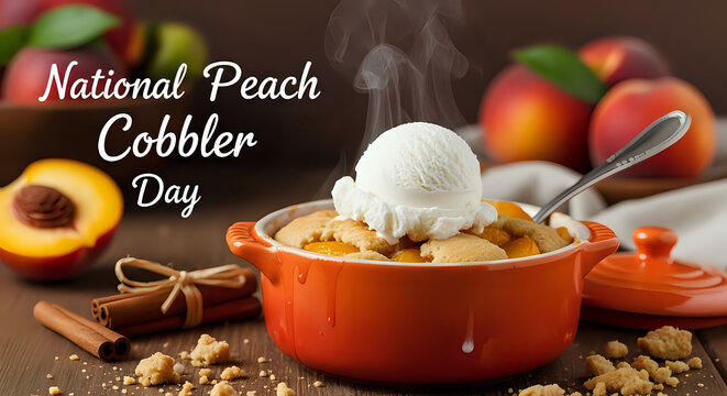 National peach cobbler day recipe homemade dessert with ice cream and cinnamon sticks delicious treat 100