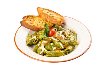 Penne pasta in green pesto sauce on a Transparent PNG Background
