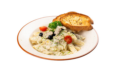 Penne pasta and White sauce with chicken on a Transparent PNG Background