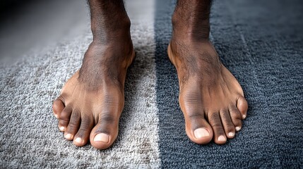 Close-up of a person's feet standing on a textured surface with contrasting colors