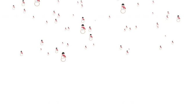 4k Animated falling snowmen particles on white background.  Christmas and new year motion graphic design element. Snowman Gingerbread Cookie Design Isolated Element. Decorative particles and sparks.