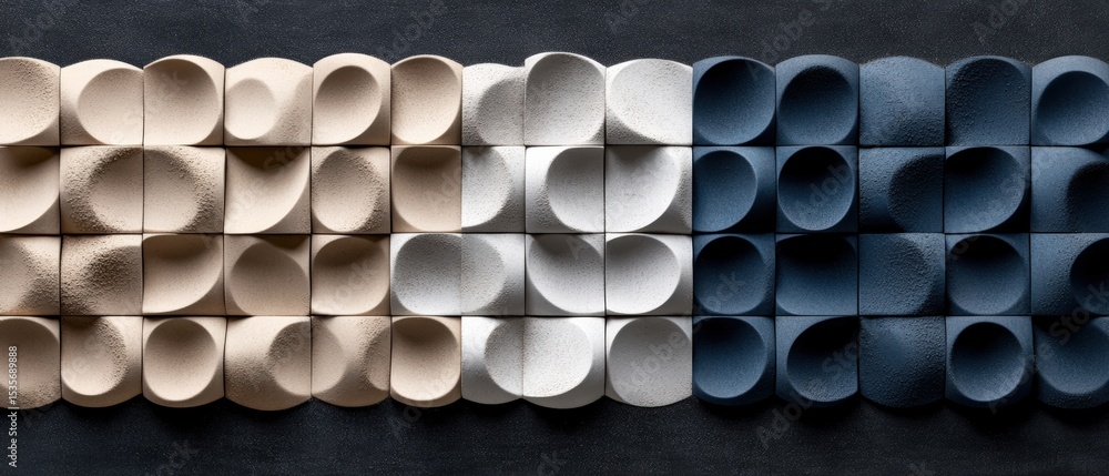 Poster abstract pattern of colored paper rolls arranged in horizontal rows with beige white and navy blue t