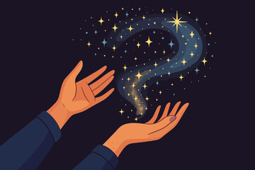 Magical hands holding a stardust question mark. Concept of mystery, curiosity, asking questions, finding solutions, creativity, and imagination. Cosmic wonder and fantasy vector.
