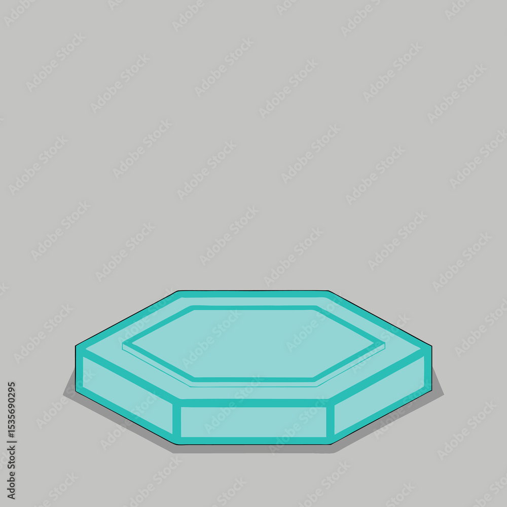 Poster isolated turquoise hexagon podium with black outline and shadow on light gray background for product