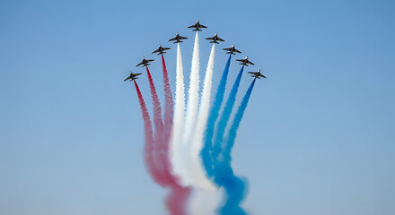 Airshow planes flying formation with smoke trails patriotic display aviation performance team aircrafts