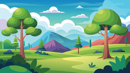 Cartoon Landscape with Trees, Mountains, Clouds, and Winding Path in Sunny Environment