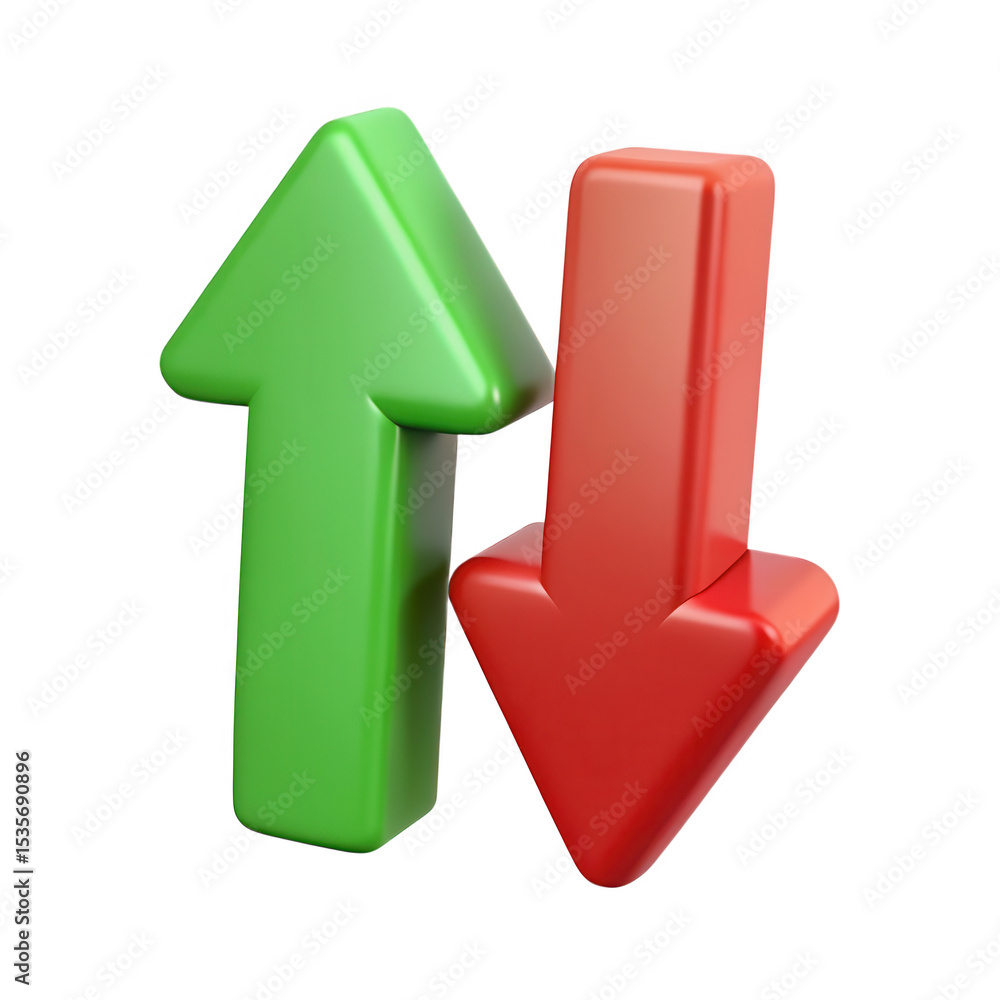 Poster 3d render of green up arrow and red down arrow isolated on transparent background