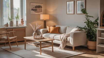 A cozy living room with a sofa, chair, coffee table and natural light from a large window