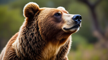 Fototapeta premium Detailed close up photograph of brown bear in savanna showing its thick fur and calm expression in natural light