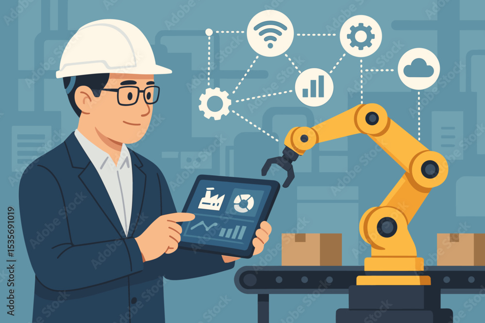 Poster smart factory engineer controlling robotic arm with a tablet. industry 4.0 manufacturing automation 