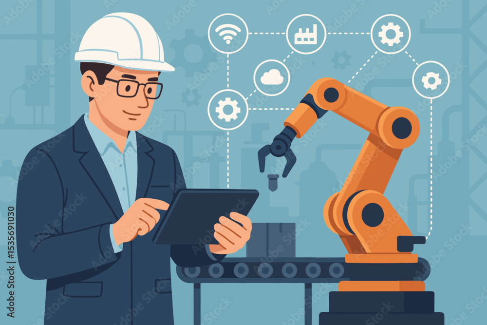 Poster smart factory automation. engineer with tablet controlling robotic arm on conveyor belt. industry 4.