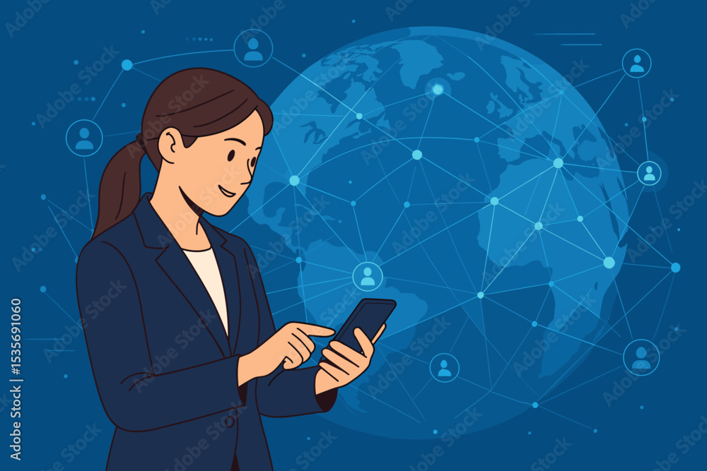 Poster businesswoman using smartphone for global networking and communication. digital technology concept w