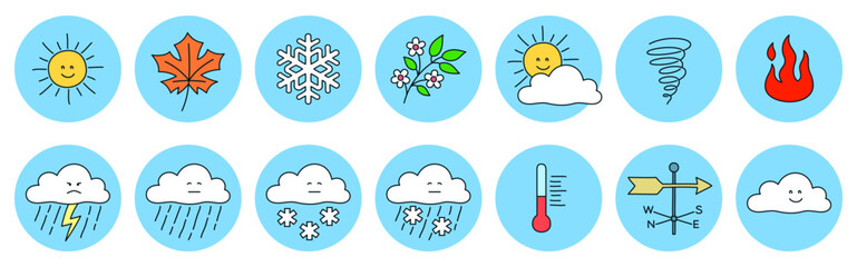 Cartoon set of weather and four seasons icons. Smiling Sun, clouds and wind vane symbols. Vector illustration