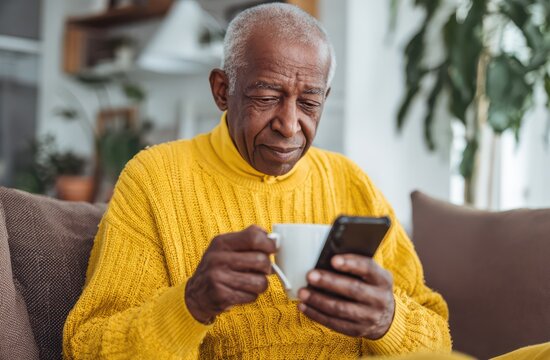 an elderly Black man sitting on a couch, holding a coffee mug and using a smartphone at home, wearing a yellow sweater - Powered by Adobe