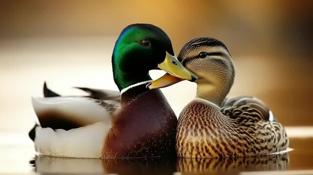 Two mallard ducks close together on water