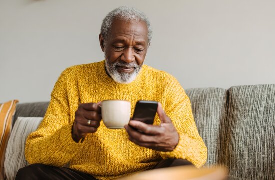 an elderly Black man sitting on a couch, holding a coffee mug and using a smartphone at home, wearing a yellow sweater - Powered by Adobe
