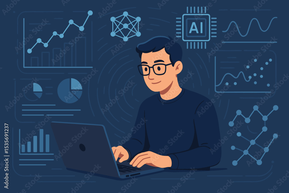 Poster data analyst working on laptop. man analyzing statistics, charts and graphs. artificial intelligence
