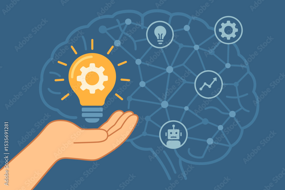 Poster innovation concept. hand holding light bulb. brain with neural network. artificial intelligence ai. 
