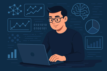 Programmer or data analyst man working on laptop with futuristic user interface. Concept for big data, AI, business intelligence, machine learning, financial and statistical analysis.