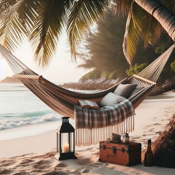 A sturdy hammock strung between two palm trees on a tropical bea