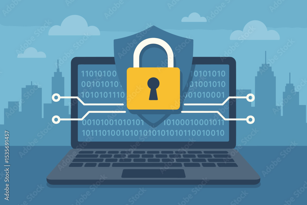 Poster cybersecurity concept of data protection and internet security. laptop computer with shield and padl
