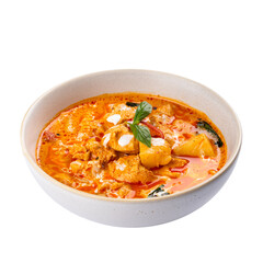 Red chicken, Thai curry in a white bowl on a Transparent PNG Background