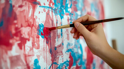 Artist Works on Abstract Oil Painting, Moving Paint Brush Energetically She Creates Modern Masterpiece. Dark Creative Studio where Large Canvas Stands on Easel Illuminated. Low Angle Close-up