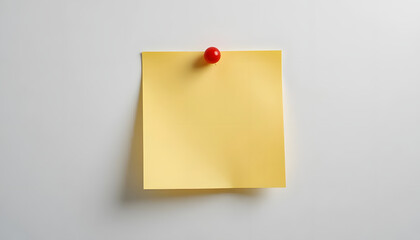 Yellow sticky note pinned on white wall with red pushpin casting soft shadow