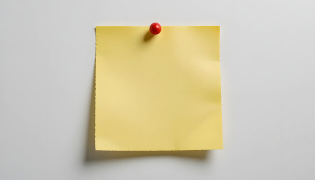 Yellow sticky note pinned on white wall with red pushpin, simple reminder or message space with soft shadow and clean background