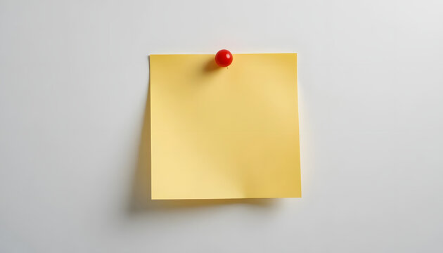 Yellow sticky note pinned on white wall with red pushpin casting soft shadow