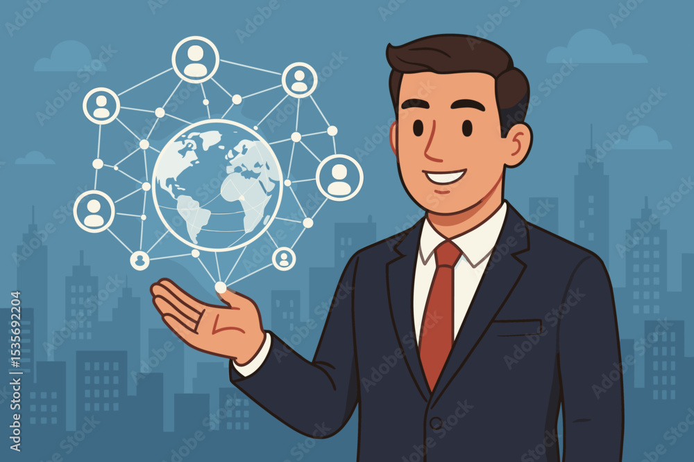 Poster global business networking concept with a cartoon businessman presenting a worldwide connection. int