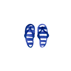 Hand drawn watercolour summer illustration with flip-flops with blue stripes, coastal resort vibe. Use as print, poster, element design, textile, label, stocker, tattoo.