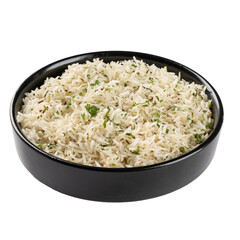 Jeera Rice in a Black Ceramic Bowl on a Transparent PNG Background