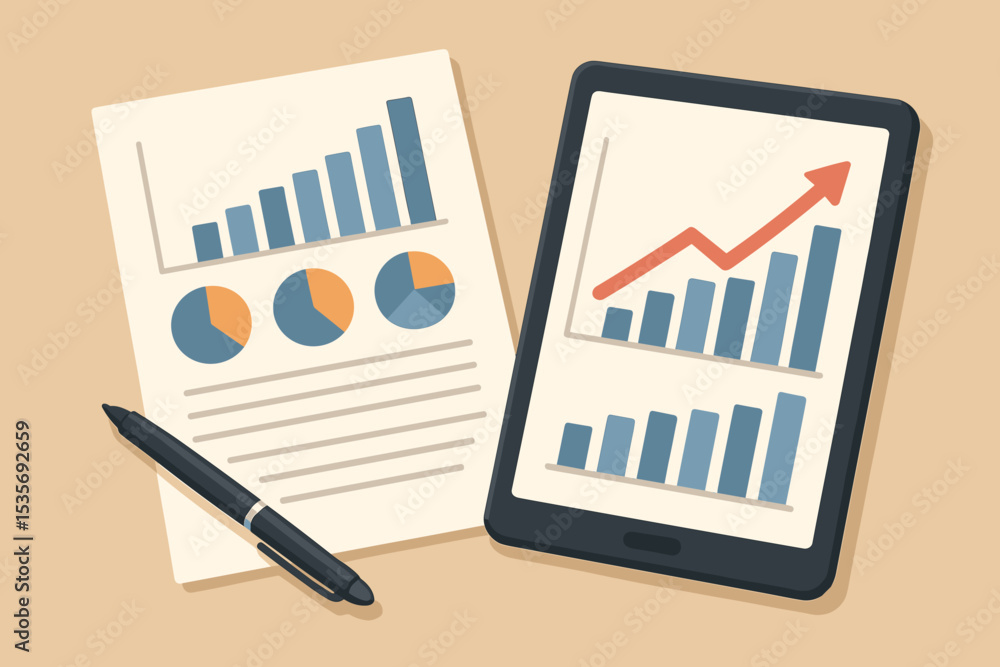 Poster business growth analysis concept with charts and graphs on tablet screen and paper document. financi