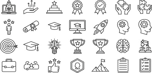 Self-Development Vector Icon Set Adjustable Line Weight Achievement, goal, success, education, creativity, inspiration, growth, leadership, brain, target, diploma, rocket, trophy, checklist icons